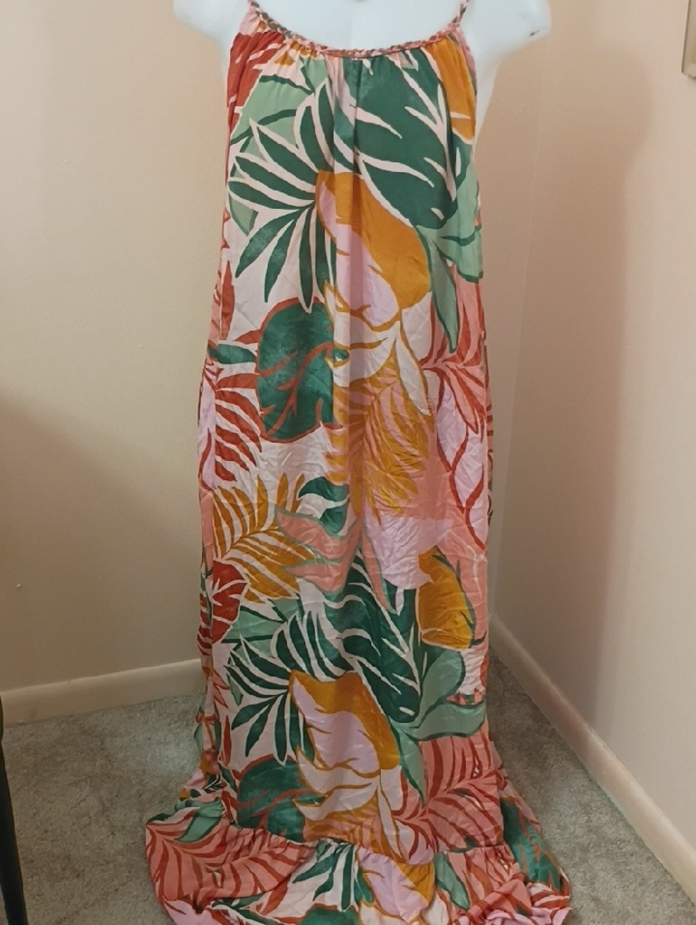 NWT Leaf Print Maxi Dress- Pink, Green & Mustard With Matching Lounge Short